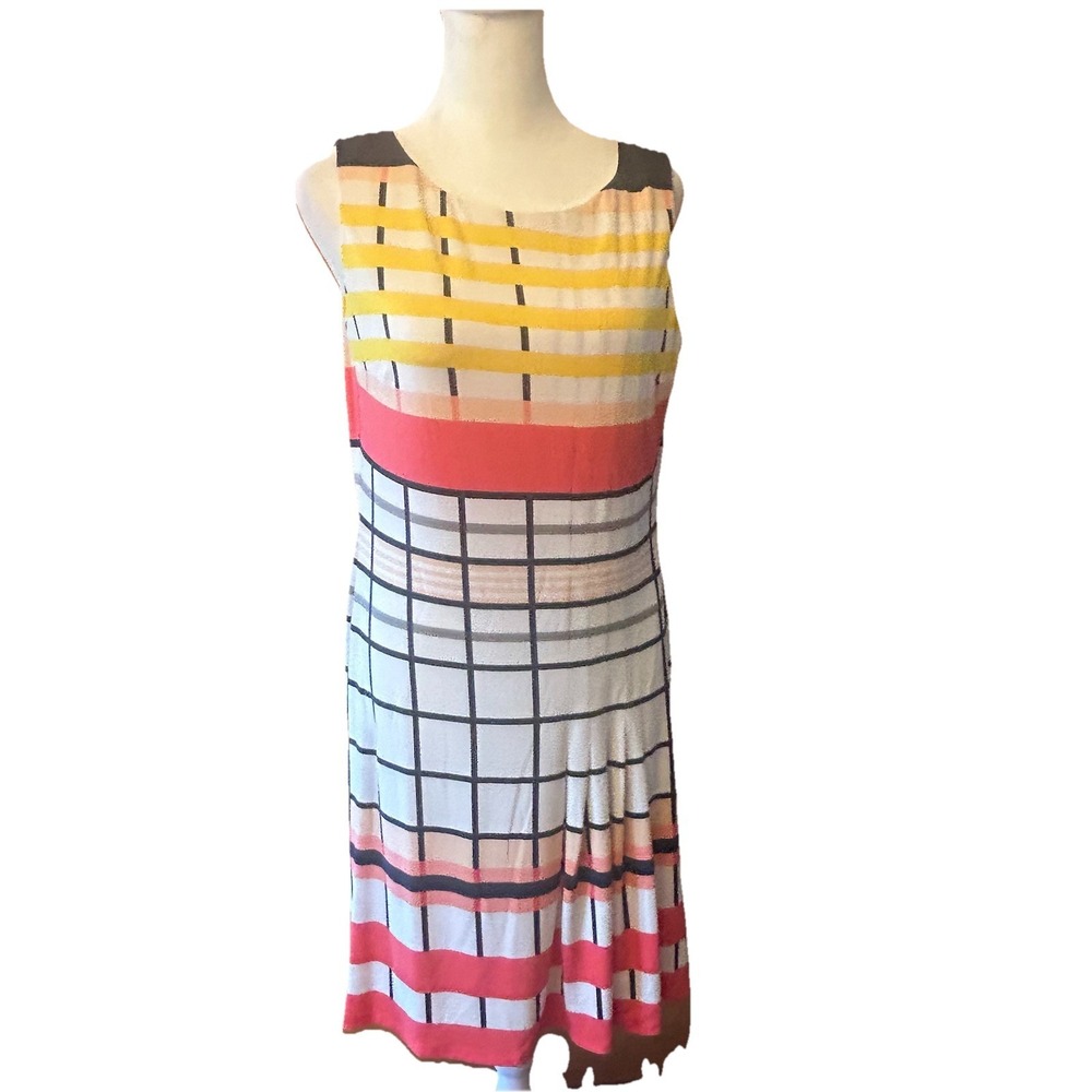 Donna Morgan Dress Size 8 Colorblock Fit & Flare Coral Yellow Navy